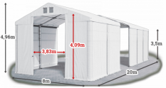 Skladový stan 8x20x3,5m střecha PVC 560g/m2 boky PVC 500g/m2 konstrukce ZIMA
