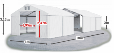 Skladový stan 4x18x2m strecha PVC 560g/m2 boky PVC 500g/m2 konštrukcia ZIMA