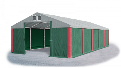 Garážový stan 4x6x2m střecha PVC 560g/m2 boky PVC 500g/m2 konstrukce ZIMA PLUS - Barva střešní plachty: Šedá, Barva boční plachty: Zelená, Barva svislých pruhů: Červená