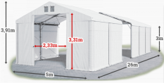 Skladový stan 5x26x3m střecha PVC 560g/m2 boky PVC 500g/m2 konstrukce POLÁRNÍ
