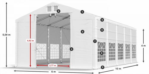 Párty stan 6x10x4m střecha PVC 560g/m2 boky PVC 500g/m2 konstrukce ZIMA PLUS