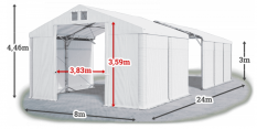 Skladový stan 8x24x3m strecha PVC 560g/m2 boky PVC 500g/m2 konštrukcia POLÁRNA PLUS