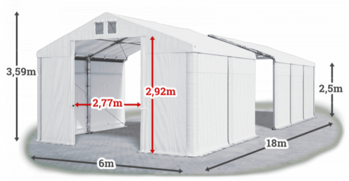 Skladový stan 6x18x2,5m střecha PVC 560g/m2 boky PVC 500g/m2 konstrukce ZIMA PLUS
