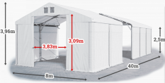 Skladový stan 8x40x2,5m střecha PVC 560g/m2 boky PVC 500g/m2 konstrukce POLÁRNÍ PLUS
