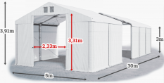 Skladový stan 5x30x3m strecha PVC 620g/m2 boky PVC 620g/m2 konštrukcia ZIMA PLUS