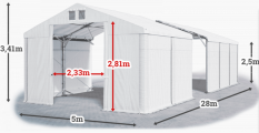 Skladový stan 5x28x2,5m střecha PVC 560g/m2 boky PVC 500g/m2 konstrukce POLÁRNÍ PLUS