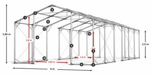 Skladový stan celoroční 8x80x2,5m nehořlavá plachta PVC 600g/m2 konstrukce POLÁRNÍ