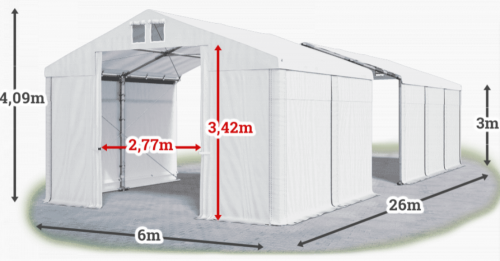 Skladový stan 6x26x3m střecha PVC 560g/m2 boky PVC 500g/m2 konstrukce ZIMA PLUS