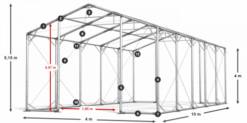 Skladový stan 4x10x4m střecha PVC 580g/m2 boky PVC 500g/m2 konstrukce POLÁRNÍ