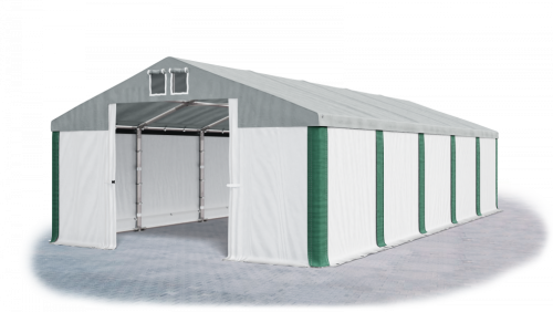 Garážový stan 6x10x2,5m střecha PVC 560g/m2 boky PVC 500g/m2 konstrukce ZIMA - Barva střešní plachty: Šedá, Barva boční plachty: Bílá, Barva svislých pruhů: Zelená