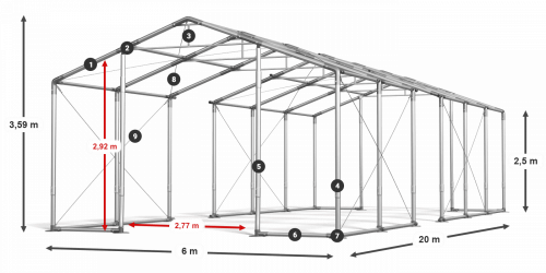 Párty stan 6x20x2,5m střecha PVC 620g/m2 boky PVC 620g/m2 konstrukce ZIMA PLUS