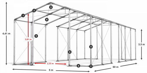 Párty stan 5x60x3,5m střecha PVC 560g/m2 boky PVC 500g/m2 konstrukce ZIMA PLUS