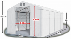 Skladový stan 5x9x4m střecha PVC 580g/m2 boky PVC 500g/m2 konstrukce POLÁRNÍ PLUS