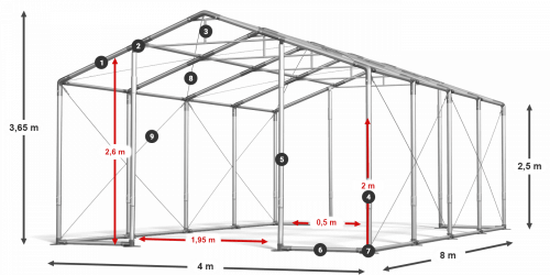 Skladový stan celoroční 4x8x2,5m nehořlavá plachta PVC 600g/m2 konstrukce ZIMA PLUS