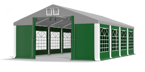 Párty stan 4x10x2,5m střecha PVC 580g/m2 boky PVC 500g/m2 konstrukce ZIMA PLUS - Barva střešní plachty: Šedá, Barva boční plachty: Zelená, Barva svislých pruhů: Bílá