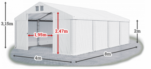 Garážový stan 4x8x2m střecha PVC 560g/m2 boky PVC 500g/m2 konstrukce ZIMA