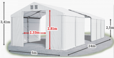 Skladový stan 5x24x2,5m strecha PVC 620g/m2 boky PVC 620g/m2 konštrukcia ZIMA PLUS