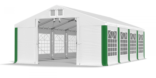 Párty stan 4x10x2,5m střecha PVC 580g/m2 boky PVC 500g/m2 konstrukce ZIMA PLUS - Barva střešní plachty: Bílá, Barva boční plachty: Bílá, Barva svislých pruhů: Zelená