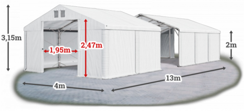 Skladový stan 4x13x2m strecha PVC 580g/m2 boky PVC 500g/m2 konštrukcia POLÁRNA