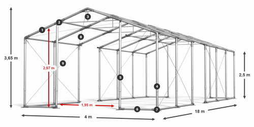 Párty stan 4x18x2,5m střecha PVC 560g/m2 boky PVC 500g/m2 konstrukce ZIMA PLUS