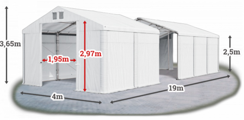 Skladový stan 4x19x2,5m střecha PVC 580g/m2 boky PVC 500g/m2 konstrukce ZIMA PLUS