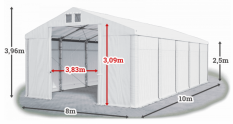 Skladový stan 8x10x2,5m střecha PVC 560g/m2 boky PVC 500g/m2 konstrukce ZIMA PLUS