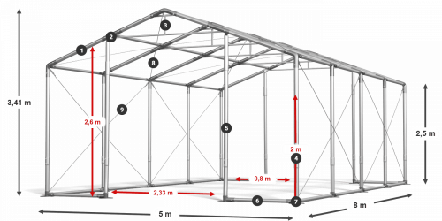 Skladový stan celoroční 5x8x2,5m nehořlavá plachta PVC 600g/m2 konstrukce ZIMA PLUS