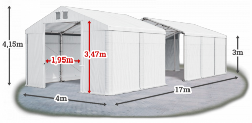 Skladový stan 4x17x3m střecha PVC 580g/m2 boky PVC 500g/m2 konstrukce ZIMA PLUS