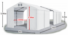 Skladový stan 8x16x2,5m střecha PVC 560g/m2 boky PVC 500g/m2 konstrukce ZIMA PLUS