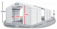 Skladový stan 8x18x3m střecha PVC 560g/m2 boky PVC 500g/m2 konstrukce ZIMA PLUS