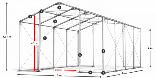 Párty stan 5x8x4m střecha PVC 560g/m2 boky PVC 500g/m2 konstrukce ZIMA PLUS