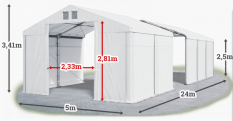 Skladový stan 5x24x2,5m střecha PVC 560g/m2 boky PVC 500g/m2 konstrukce ZIMA PLUS