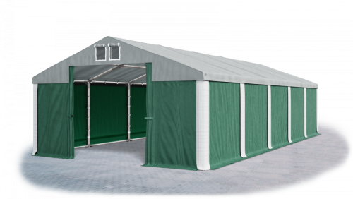 Garážový stan 6x10x3m střecha PVC 560g/m2 boky PVC 500g/m2 konstrukce ZIMA - Barva střešní plachty: Šedá, Barva boční plachty: Zelená, Barva svislých pruhů: Bílá