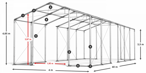 Párty stan 4x40x3,5m střecha PVC 560g/m2 boky PVC 500g/m2 konstrukce ZIMA PLUS