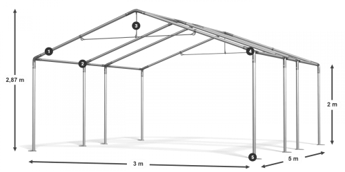 Párty stan 3x5x2m střecha PE 240g/m2 boky PE 240g/m2 konstrukce LÉTO - Barva střešní plachty: Bílá, Barva boční plachty: Bílá, Barva svislých pruhů: Červená