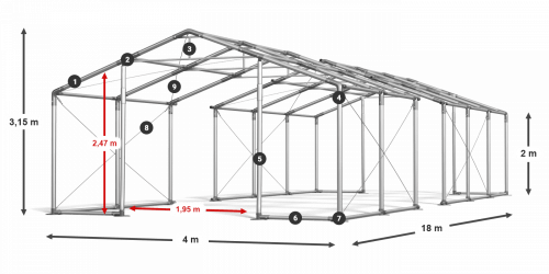 Párty stan 4x18x2m střecha PVC 620g/m2 boky PVC 620g/m2 konstrukce ZIMA PLUS