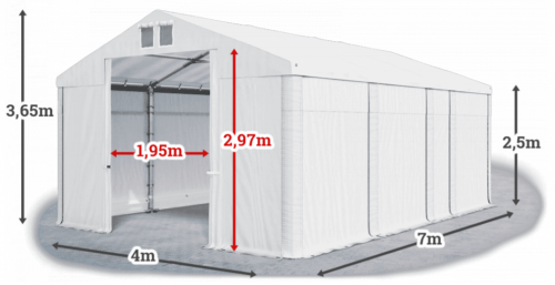 Skladový stan 4x7x2,5m střecha PVC 580g/m2 boky PVC 500g/m2 konstrukce ZIMA