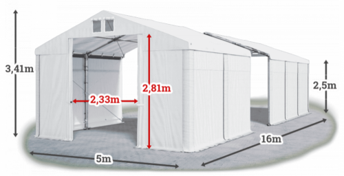 Skladový stan 5x16x2,5m střecha PVC 560g/m2 boky PVC 500g/m2 konstrukce ZIMA PLUS