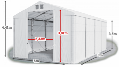 Skladový stan 5x8x3,5m střecha PVC 560g/m2 boky PVC 500g/m2 konstrukce POLÁRNÍ PLUS