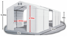 Skladový stan 8x30x4m střecha PVC 560g/m2 boky PVC 500g/m2 konstrukce POLÁRNÍ