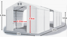 Skladový stan 5x30x3,5m střecha PVC 620g/m2 boky PVC 620g/m2 konstrukce POLÁRNÍ