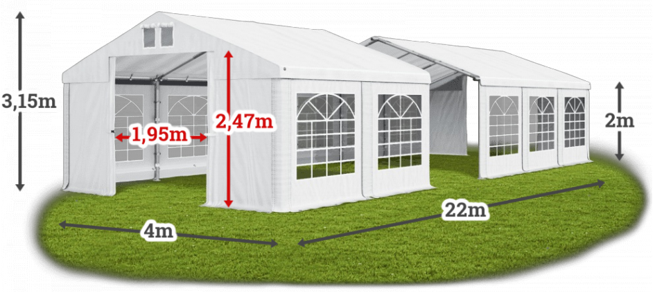 Párty stan 5x22x2m střecha PVC 560g/m2 boky PVC 500g/m2 konstrukce LÉTO