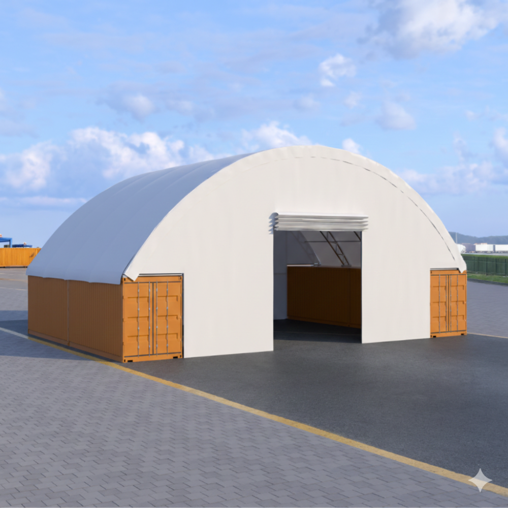 Přístřešek na kontejnery 18x12m s přední i zadní stěnou a dvojitým příhradovým rámem