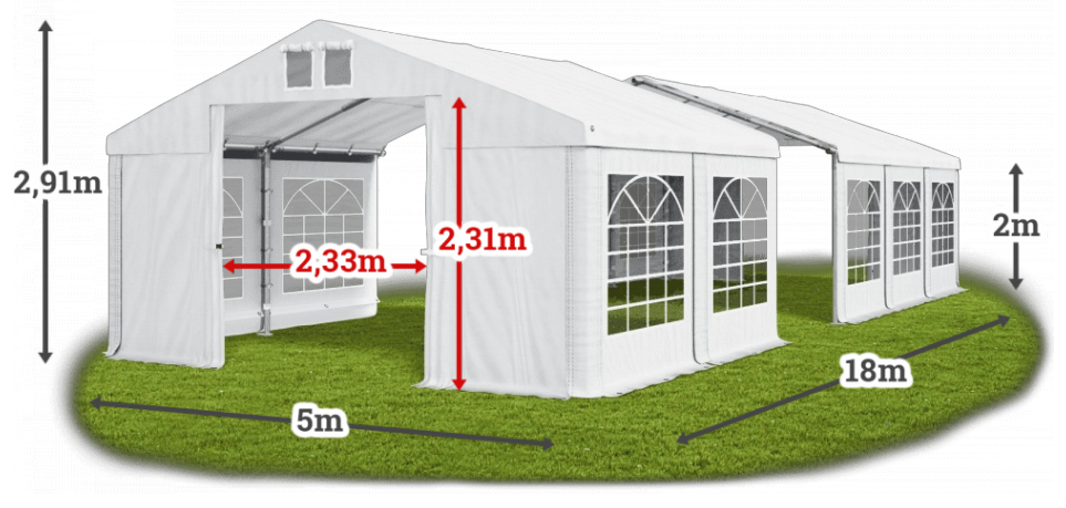 Párty stan 5x18x2m střecha PVC 560g/m2 boky PVC 500g/m2 konstrukce LÉTO