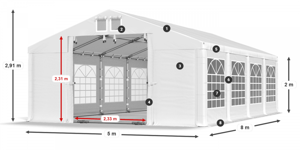 Párty stan 5x8x2m střecha PVC 560g/m2 boky PVC 500g/m2 konstrukce LÉTO PLUS