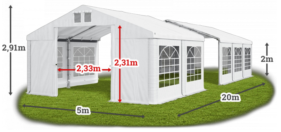 Párty stan 5x20x2m střecha PVC 560g/m2 boky PVC 500g/m2 konstrukce LÉTO
