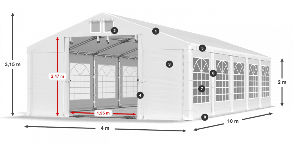 Párty stan 4x10x2m střecha PVC 560g/m2 boky PVC 500g/m2 konstrukce LÉTO PLUS
