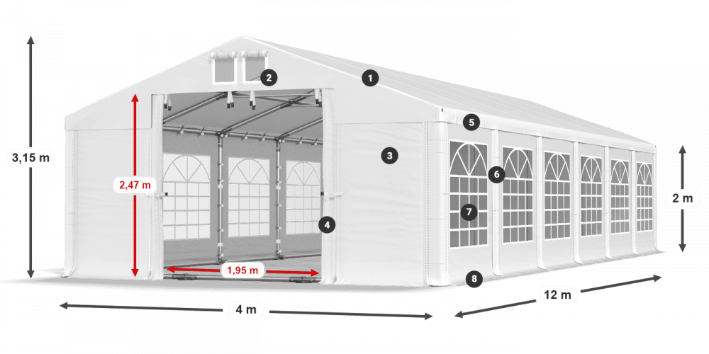 Párty stan 4x12x2m střecha PVC 560g/m2 boky PVC 500g/m2 konstrukce LÉTO PLUS